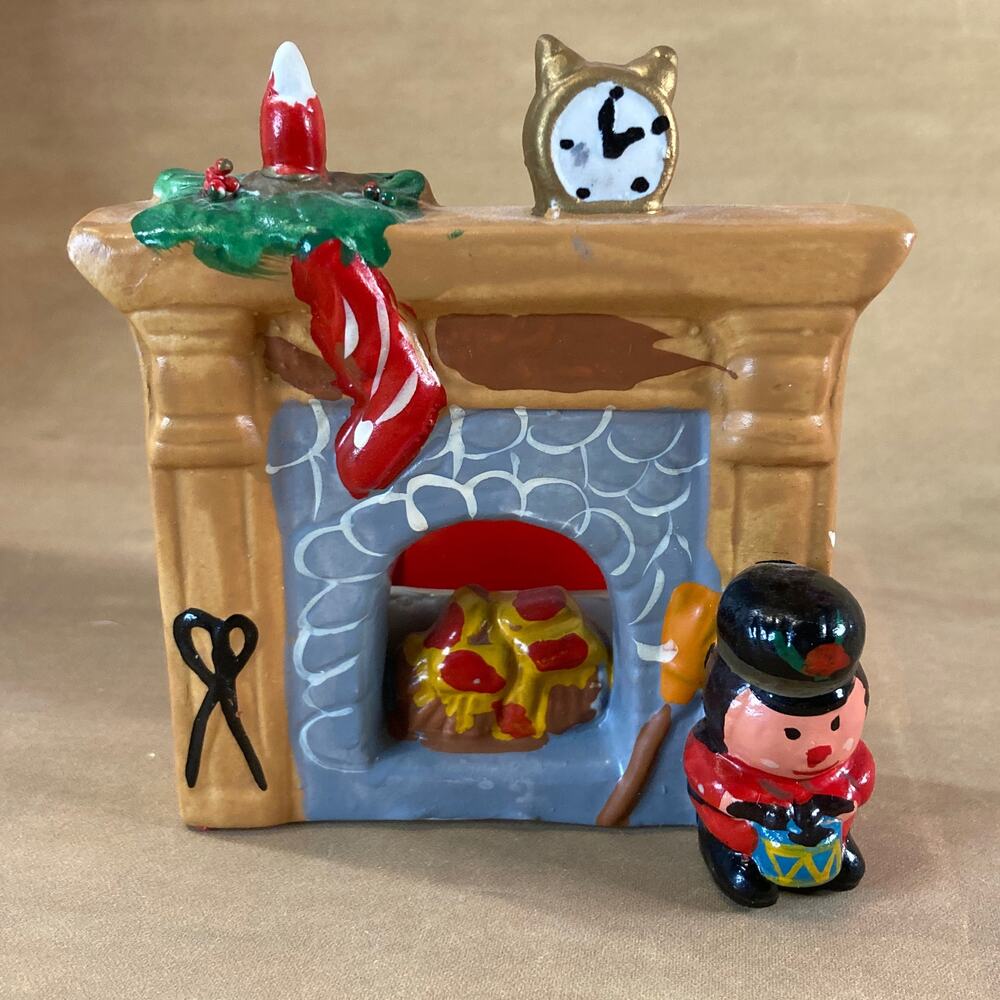 Vintage 80s Action Industries Porcelain Holiday Fireplace Votive Candle w/Box